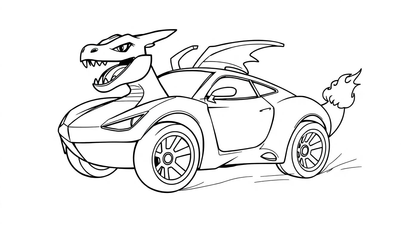 Een zwart-wit kleurplaat van een drakenauto met Charizard-achtige kenmerken.