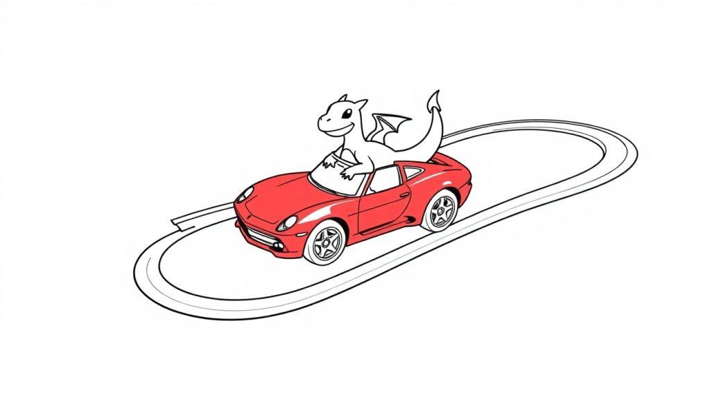 Kleurplaat van een witte Charizard die in een rode sportwagen rijdt op een kronkelige baan.