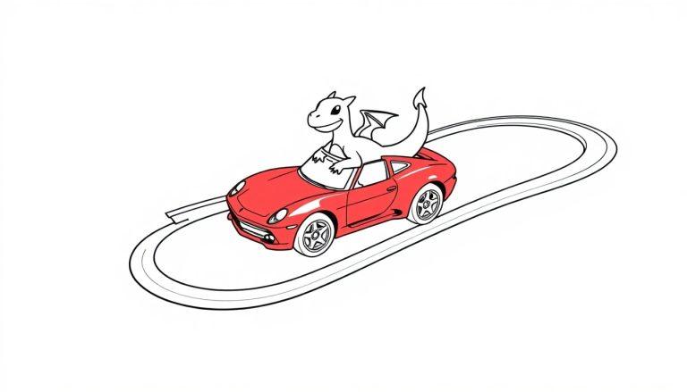 Kleurplaat van een witte Charizard die in een rode sportwagen rijdt op een kronkelige baan.