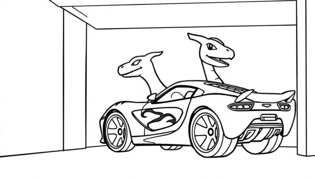 Kleurplaat van een sportwagen met twee Charizard-koppen.