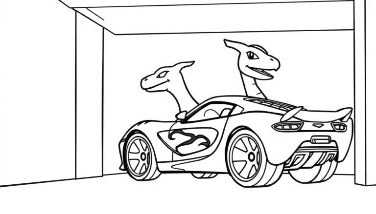 Kleurplaat van een sportwagen met twee Charizard-koppen.