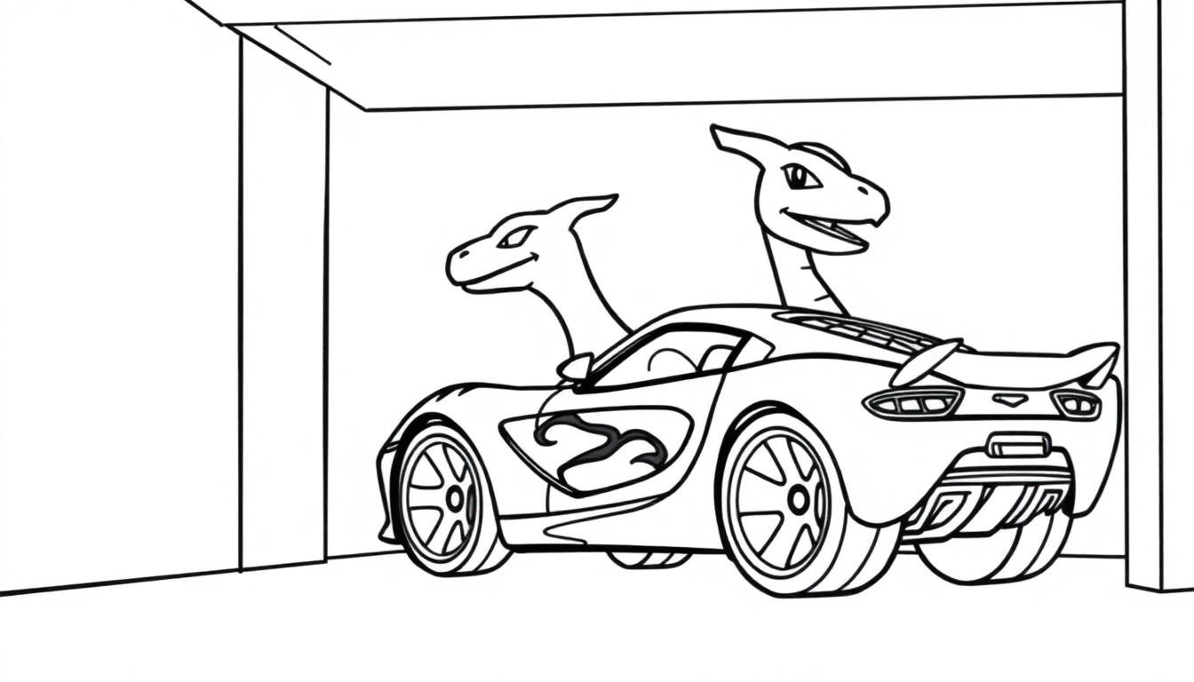 Kleurplaat van een sportwagen met twee Charizard-koppen.
