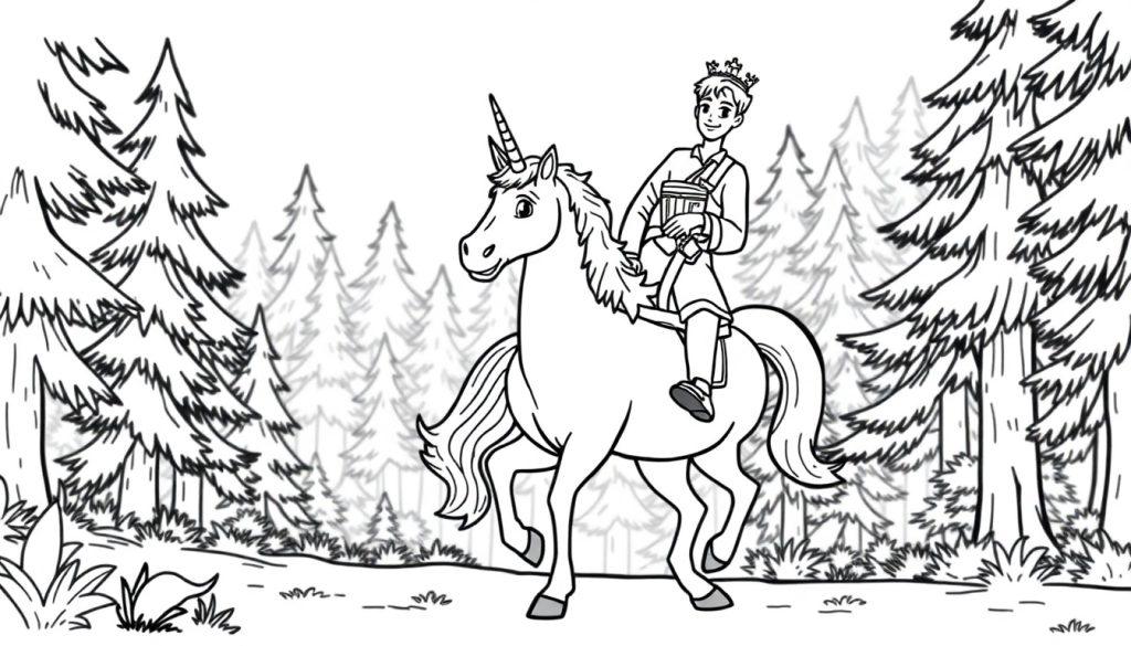 Kleurplaat van een jonge prins op een eenhoorn in een bos.