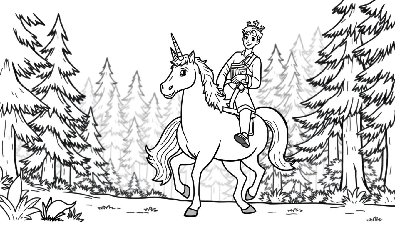 Kleurplaat van een jonge prins op een eenhoorn in een bos.
