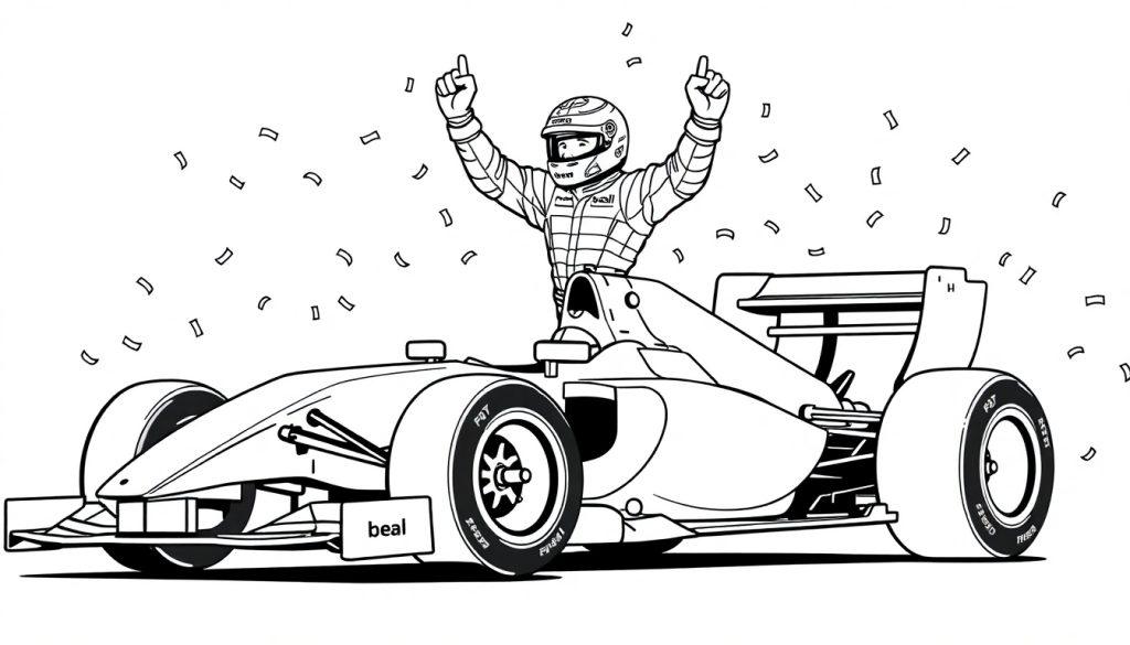 Zwart-wit kleurplaat van een coureur die op een raceauto staat met zijn armen omhoog, omringd door confetti.