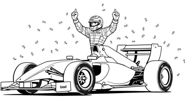 Zwart-wit kleurplaat van een coureur die op een raceauto staat met zijn armen omhoog, omringd door confetti.