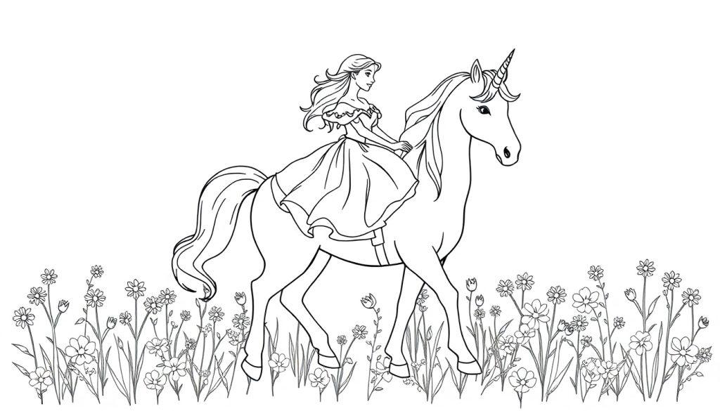 Kleurplaat van een meisje dat op een eenhoorn rijdt door een bloemenveld.