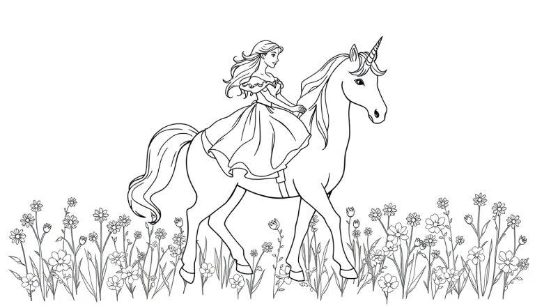 Kleurplaat van een meisje dat op een eenhoorn rijdt door een bloemenveld.