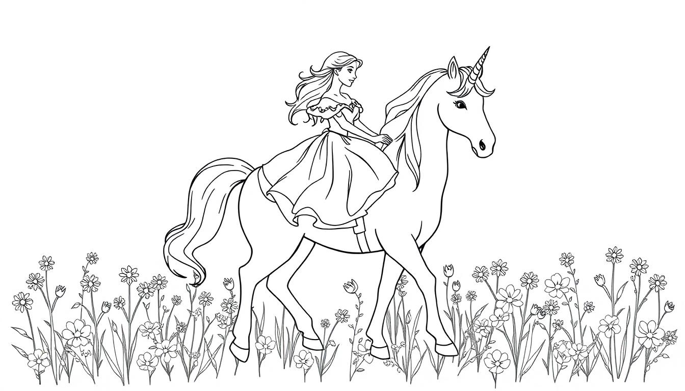 Kleurplaat van een meisje dat op een eenhoorn rijdt door een bloemenveld.