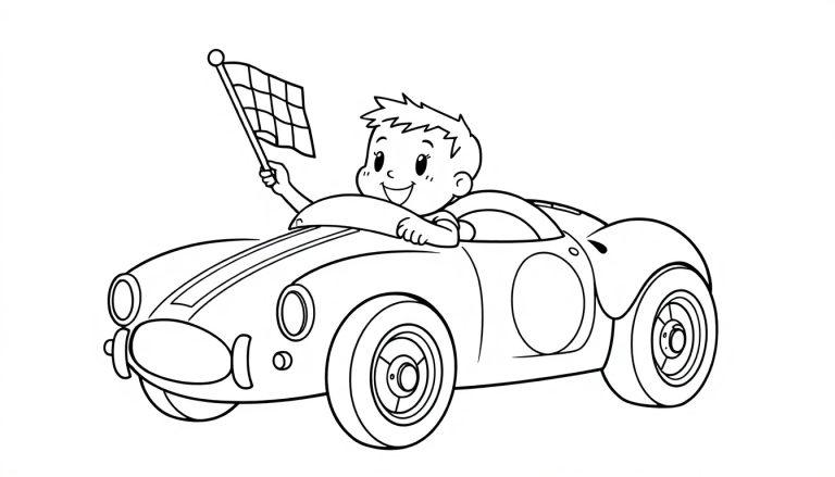 Jongetje in raceauto met kleurplaat.