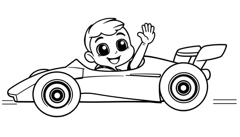 Kleurplaat van een jongen in een raceauto