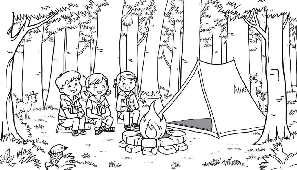 Kleurplaat van een scoutskamp met kinderen rond een kampvuur, een tent met de naam 'Alixe' en dieren in het bos.