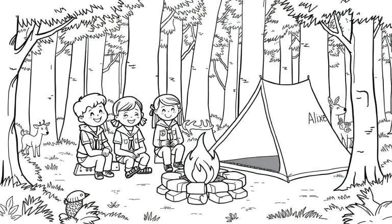 Kleurplaat van een scoutskamp met kinderen rond een kampvuur, een tent met de naam 'Alixe' en dieren in het bos.