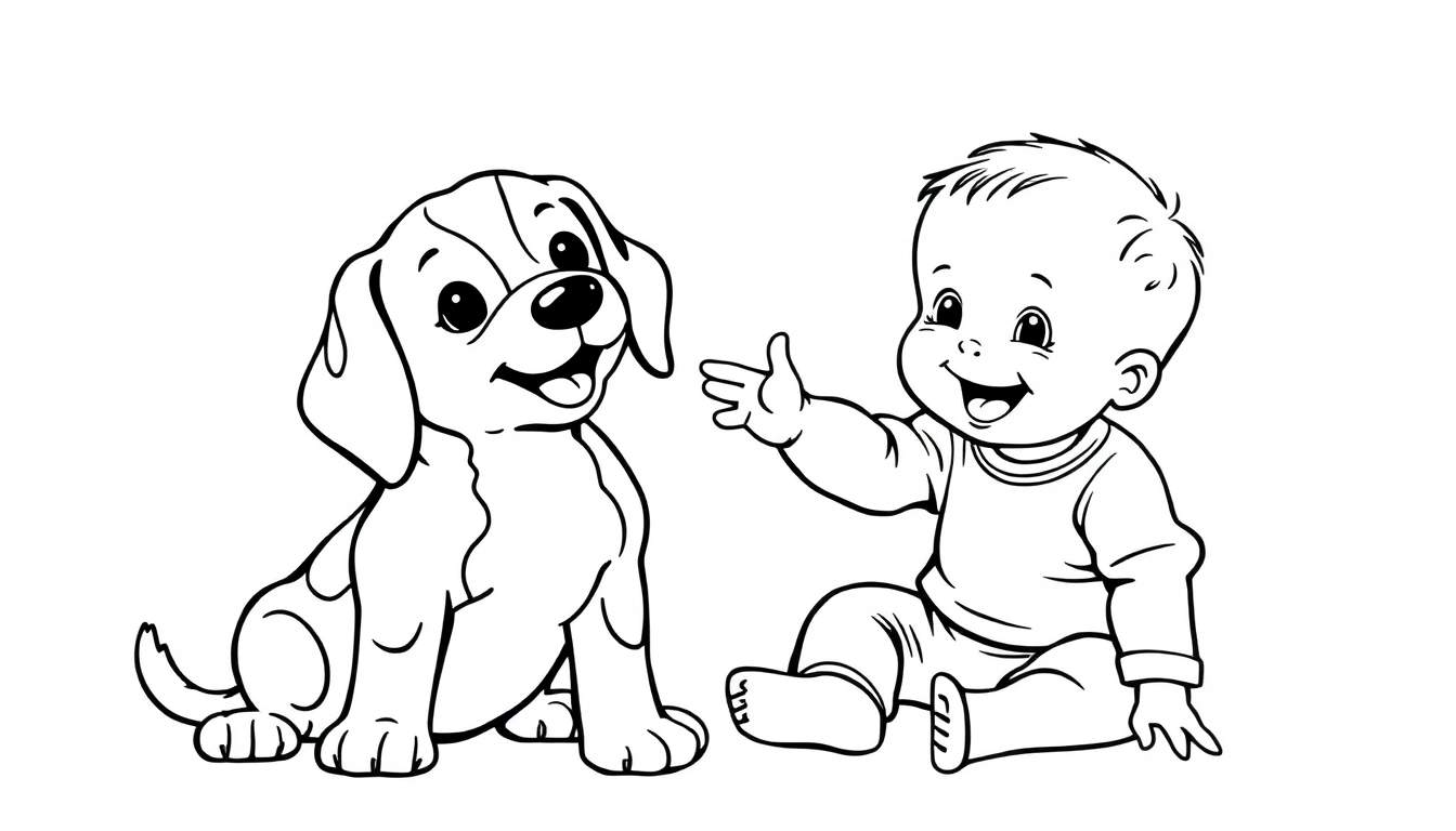 Kleurplaat van een baby en een beagle puppy
