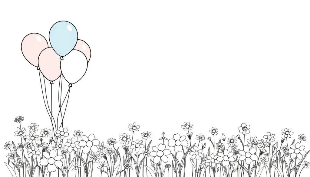 Kleurplaat met vijf ballonnen en een bloemenveld.