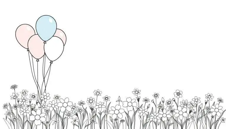 Kleurplaat met vijf ballonnen en een bloemenveld.