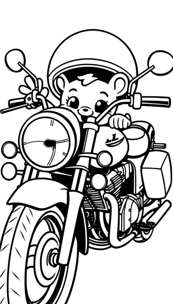 Een zwart-witte kleurplaat van een beer op een motorfiets.