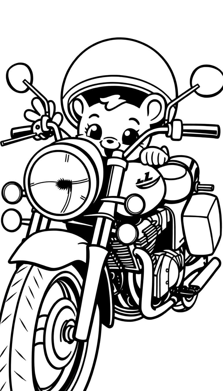 Een zwart-witte kleurplaat van een beer op een motorfiets.