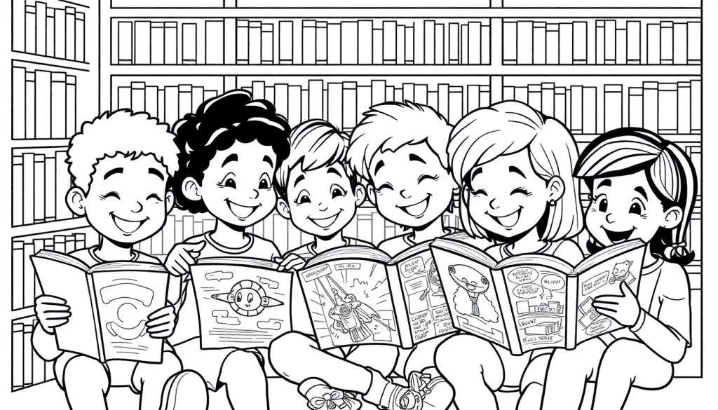 Een kleurplaat van zes kinderen die blij in de bibliotheek een boek lezen.