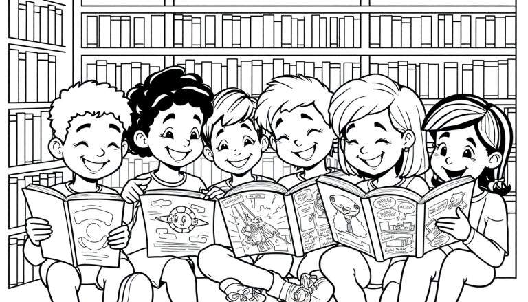 Een kleurplaat van zes kinderen die blij in de bibliotheek een boek lezen.