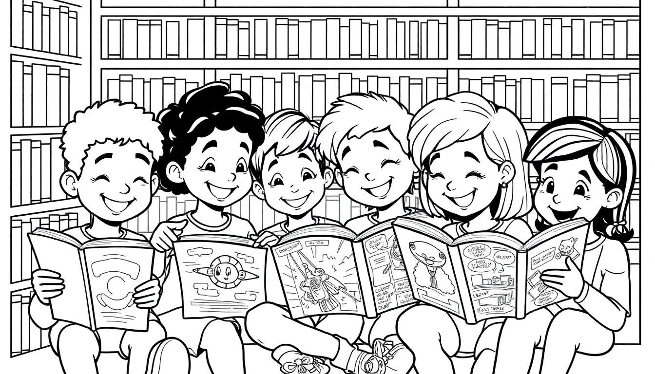 Een kleurplaat van zes kinderen die blij in de bibliotheek een boek lezen.