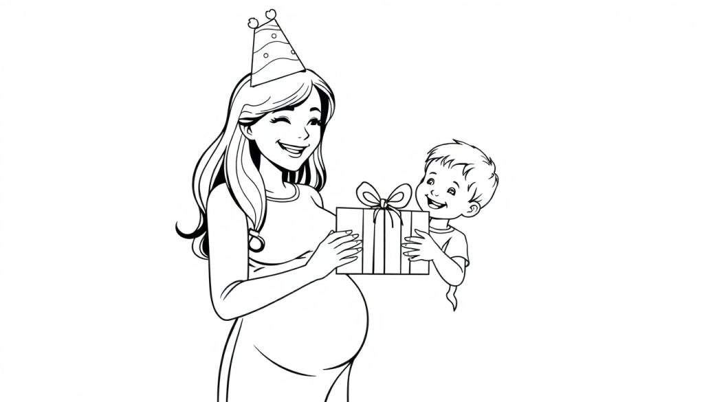 Zwart-witte kleurplaat van een lachende zwangere mama met een puntmuts en een cadeautje, naast haar staat een lachende jongen die ook helpt met het cadeautje.