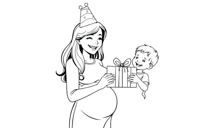 Zwart-witte kleurplaat van een lachende zwangere mama met een puntmuts en een cadeautje, naast haar staat een lachende jongen die ook helpt met het cadeautje.