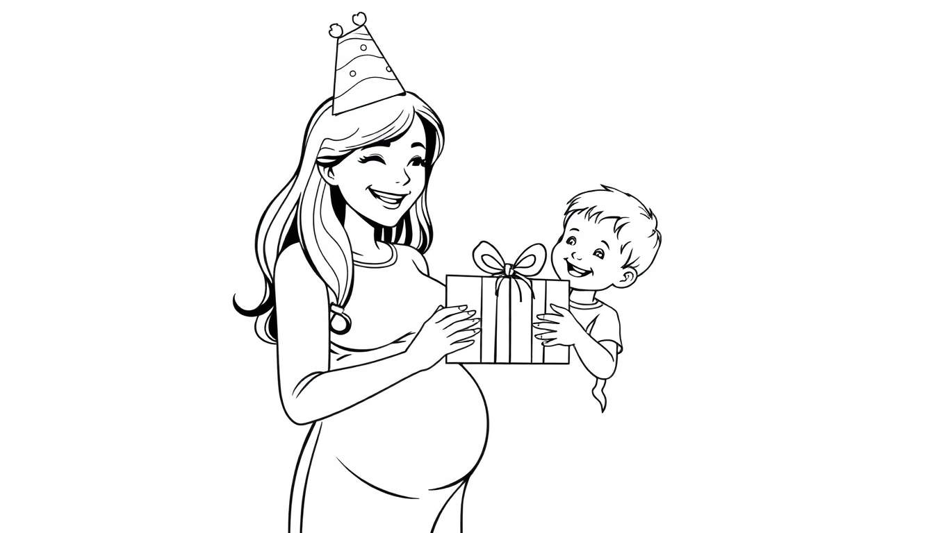 Zwart-witte kleurplaat van een lachende zwangere mama met een puntmuts en een cadeautje, naast haar staat een lachende jongen die ook helpt met het cadeautje.