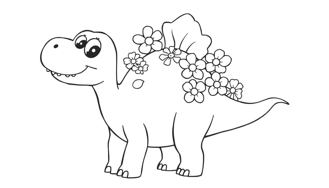 Een schattige zwart-witte dinosaurus kleurplaat met bloemen.