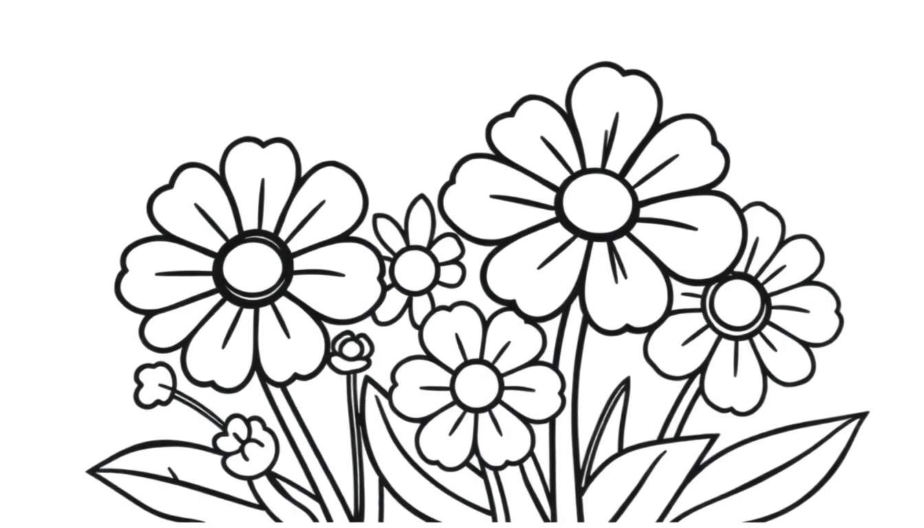 Kleurplaat van grote bloemen op de voorgrond met schetsmatige lijnen.