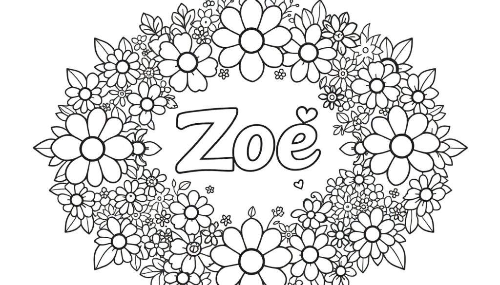 Kleurplaat van een bloemenkrans met de naam Zoe in het midden.