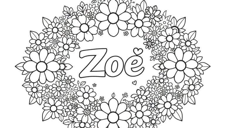 Kleurplaat van een bloemenkrans met de naam Zoe in het midden.