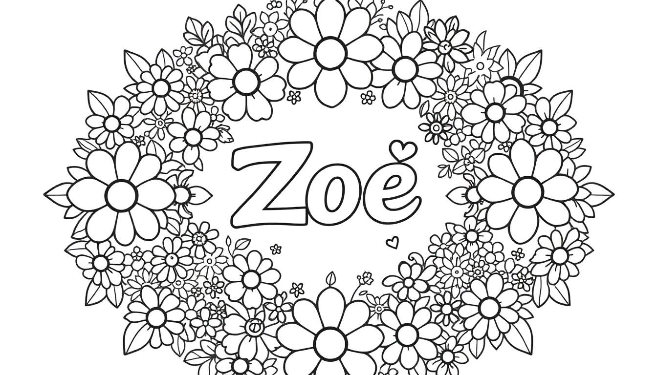 Kleurplaat van een bloemenkrans met de naam Zoe in het midden.