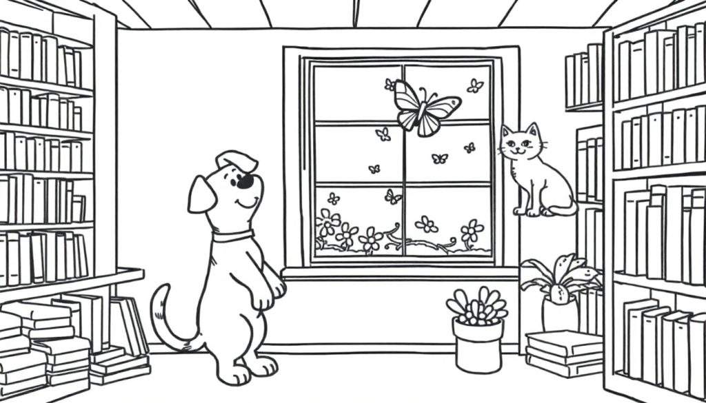 Kleurplaat van een gezellige leeshoek met dieren en bloemen.