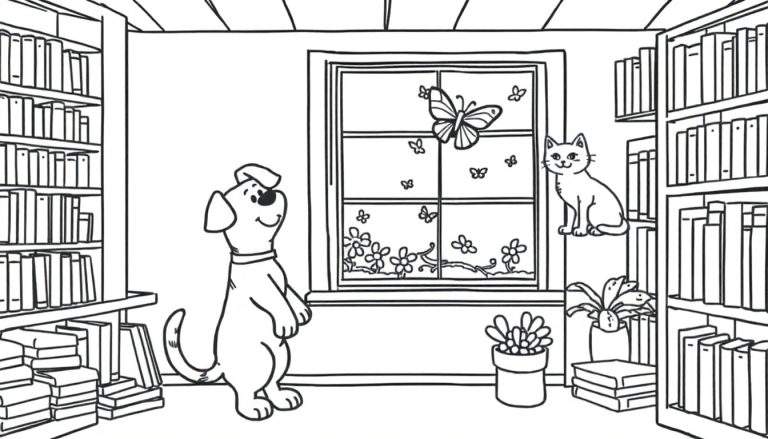 Kleurplaat van een gezellige leeshoek met dieren en bloemen.