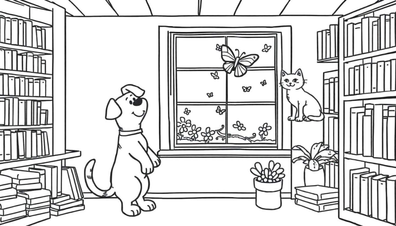 Kleurplaat van een gezellige leeshoek met dieren en bloemen.