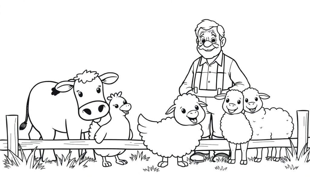 Zwart-wit kleurplaat van een boer met boerderijdieren achter een hek.