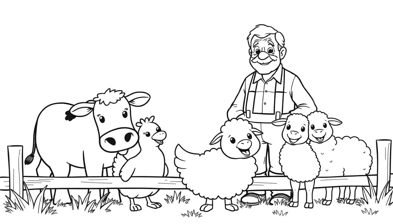 Zwart-wit kleurplaat van een boer met boerderijdieren achter een hek.