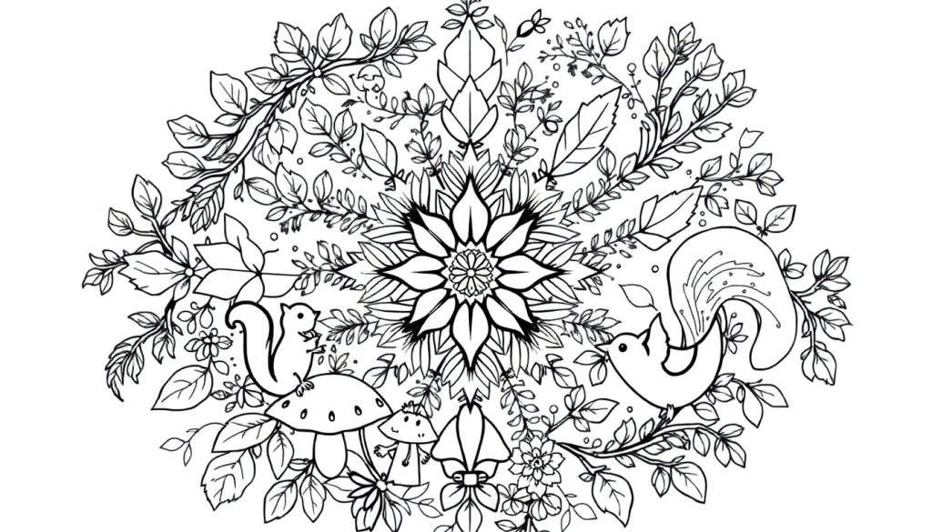 Zwart-wit mandala kleurplaat met bosdieren en planten.