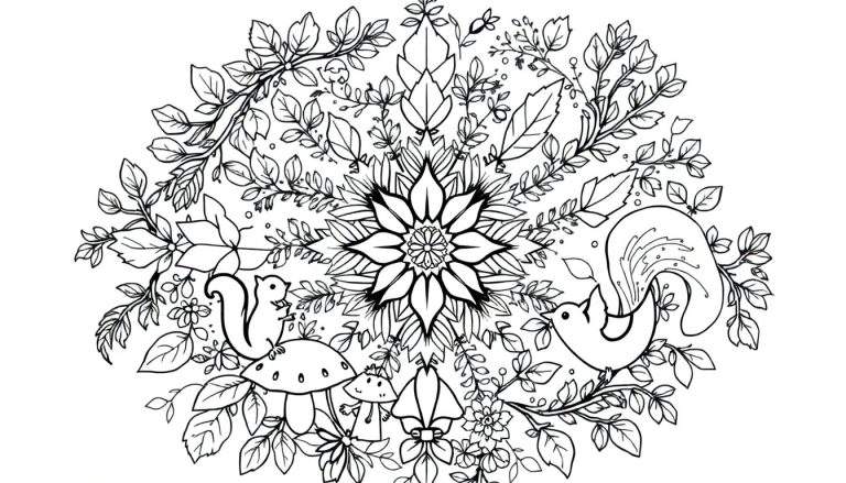 Zwart-wit mandala kleurplaat met bosdieren en planten.