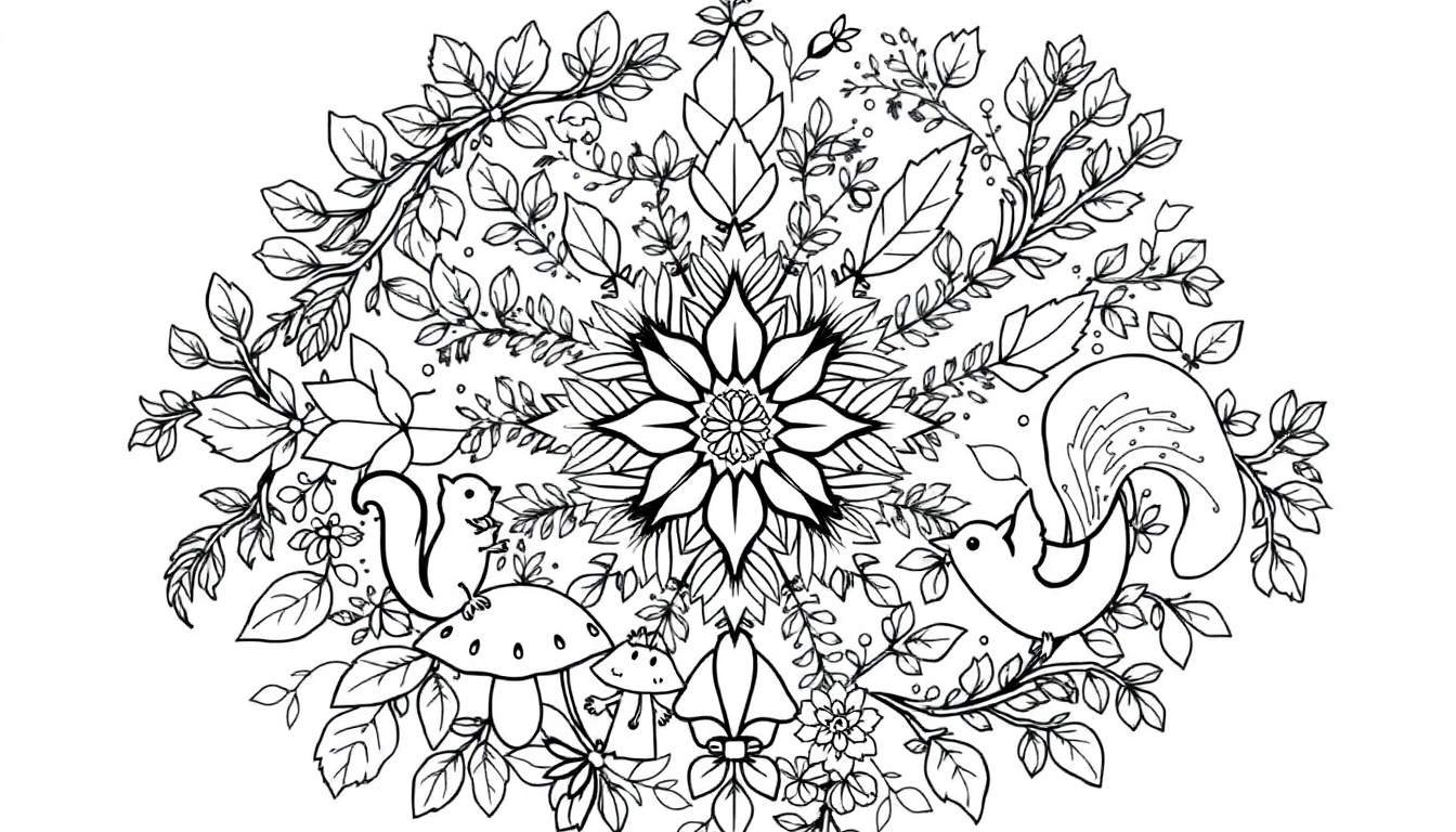 Zwart-wit mandala kleurplaat met bosdieren en planten.