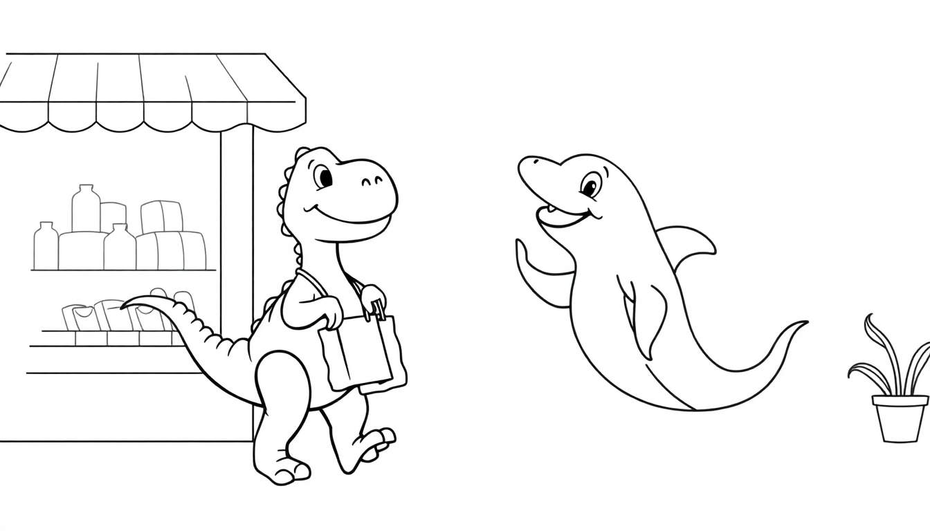 Een kleurplaat van een boze dinosaurus die boodschappen draagt, naast een winkel, met een lachende dolfijn.