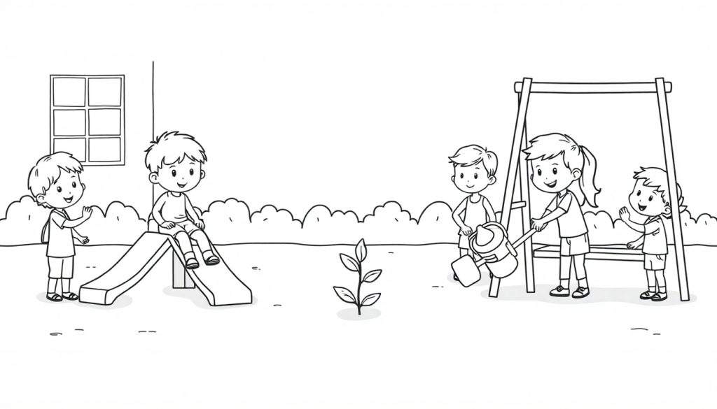 Kleurplaat van vrolijke kinderen die in een tuin spelen bij een glijbaan en schommel.