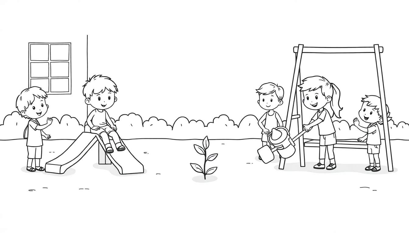 Kleurplaat van vrolijke kinderen die in een tuin spelen bij een glijbaan en schommel.