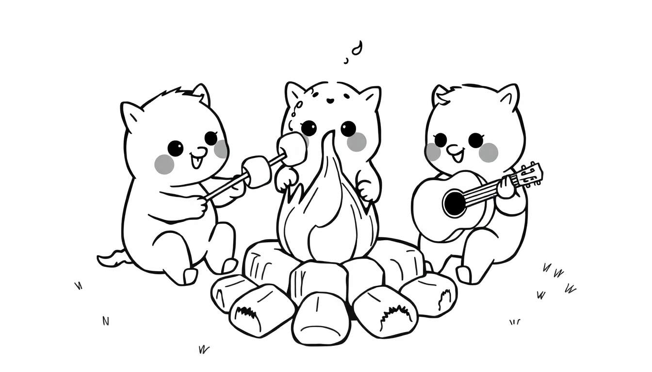 Kleurplaat van drie vriendenkatten rond een kampvuur