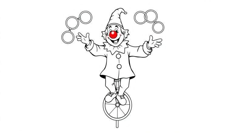 Een vrolijke clown op een eenwieler, jonglerend met ringen, kleurplaat.