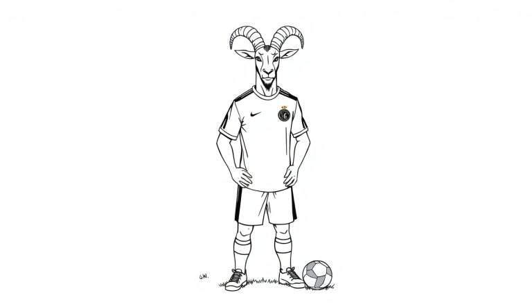 Kleurplaat van een geit in voetbaltenue, als Cristiano Ronaldo.