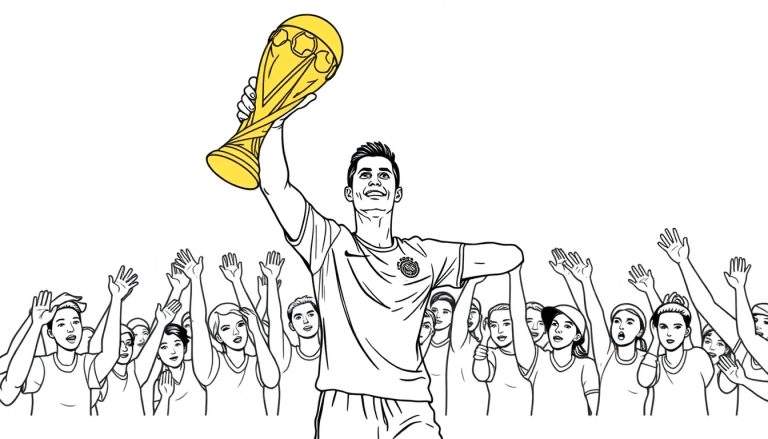 Kleurplaat van Cristiano Ronaldo die de Wereldbeker wint, omringd door juichende fans.