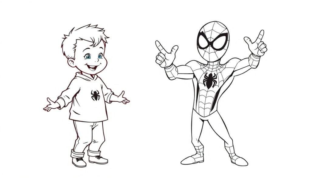 Kleurplaat van een jongen die danst met Spider-Man