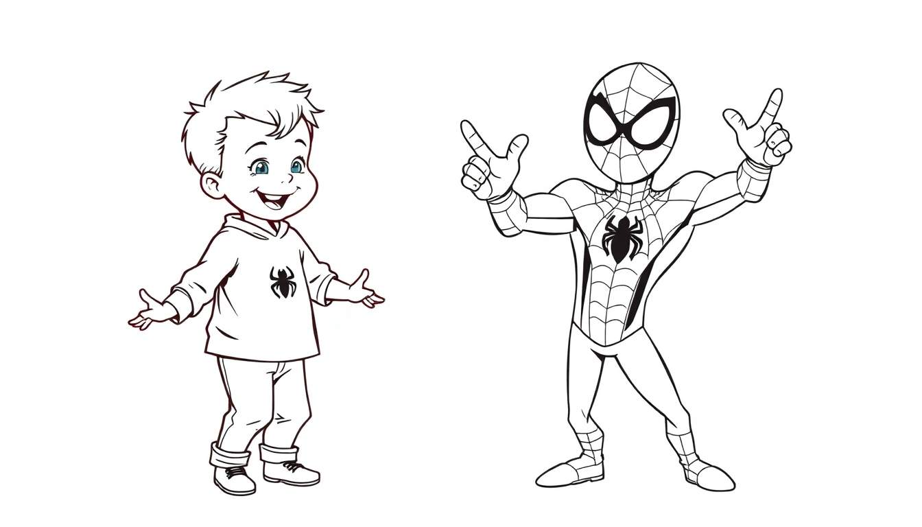 Kleurplaat van een jongen die danst met Spider-Man